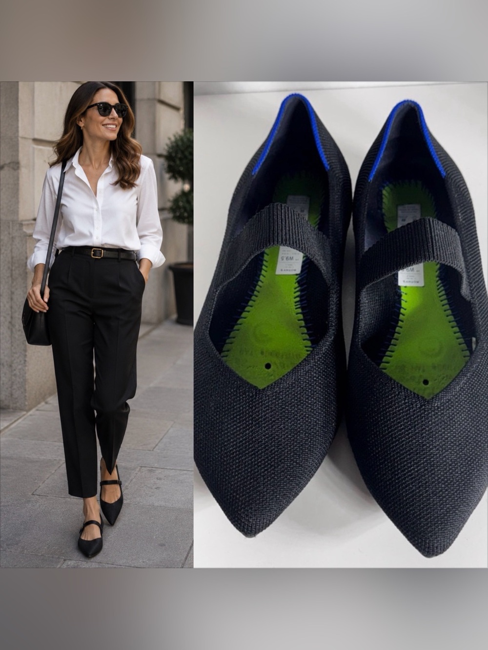 Rothy's Black Pointed Mary Jane Flats with Blue Trim